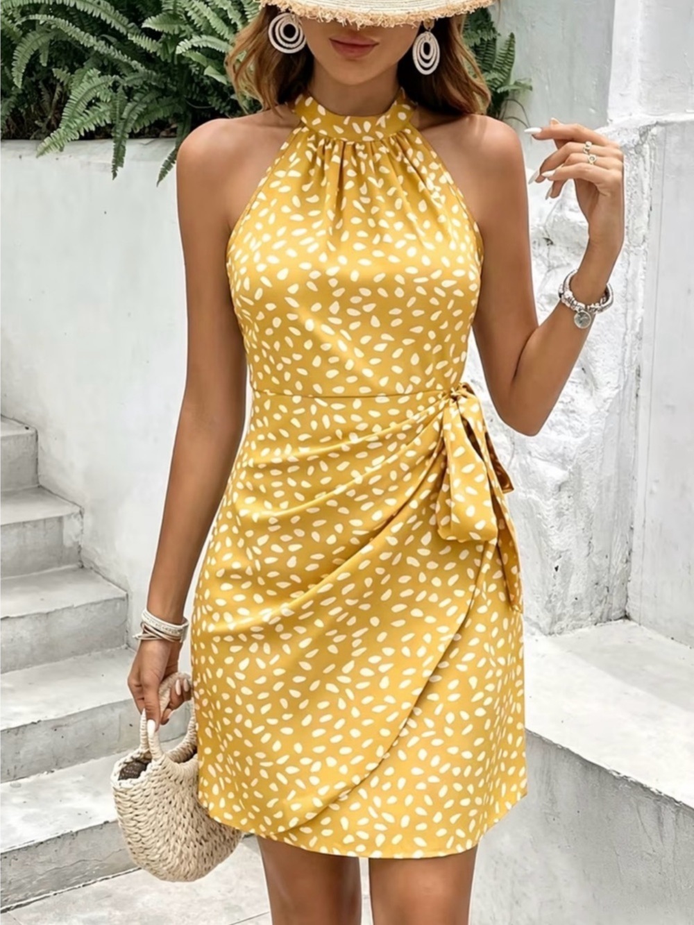 Polka Dot Print Halter Neck Wrap Hem Dress Yellow & White